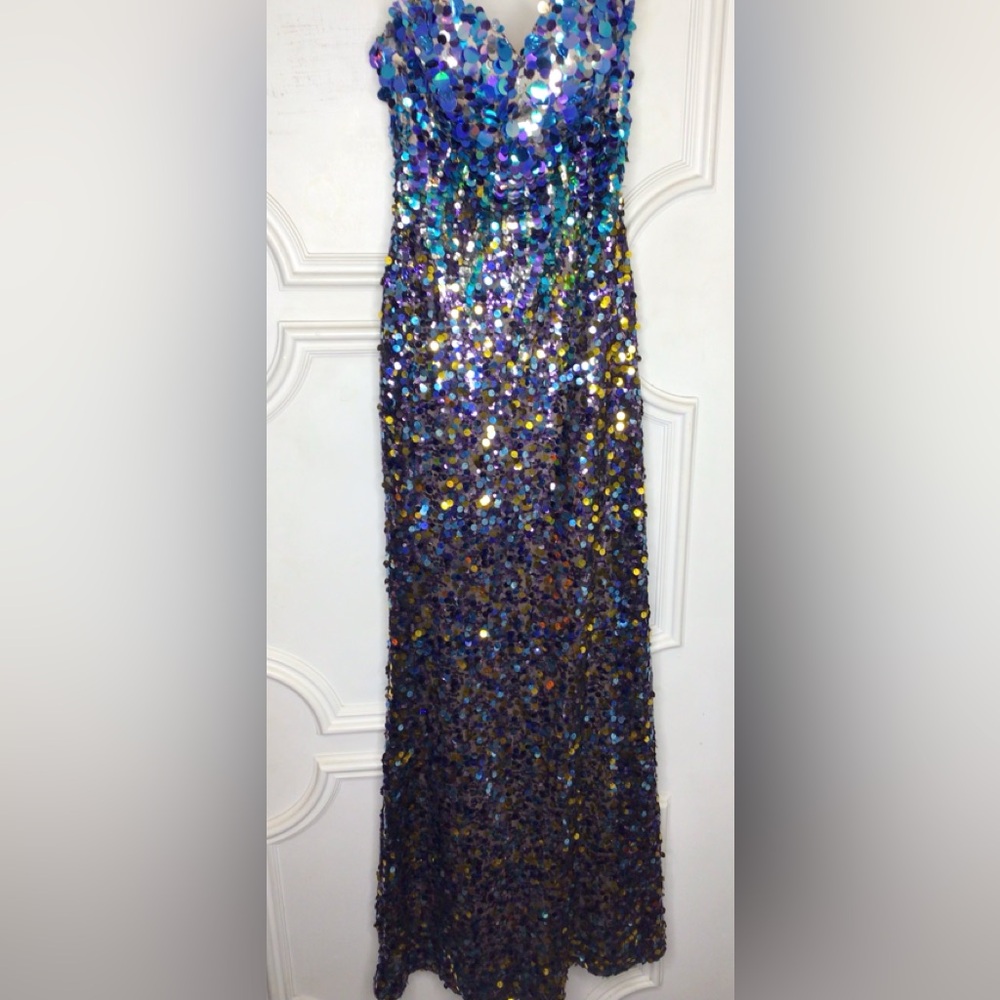 Sequin Evening Gown in Blue and Gold Size 2